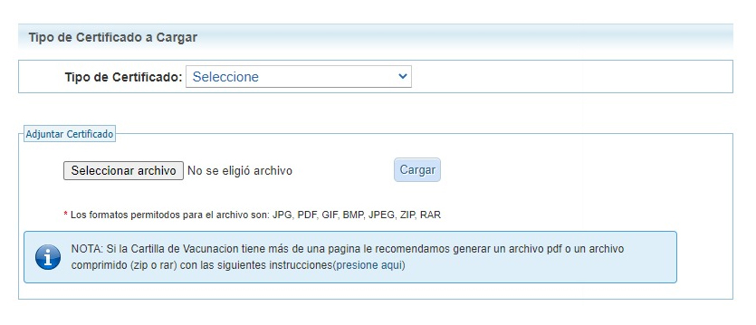 Formulario para cargar el certificado. Especificar el tipo de documento y adjuntar el archivo.