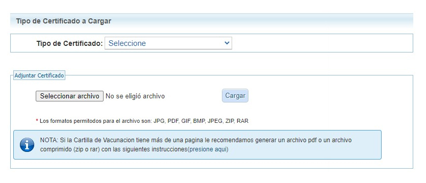Formulario para cargar el certificado. Especificar el tipo de documento y adjuntar el archivo. 